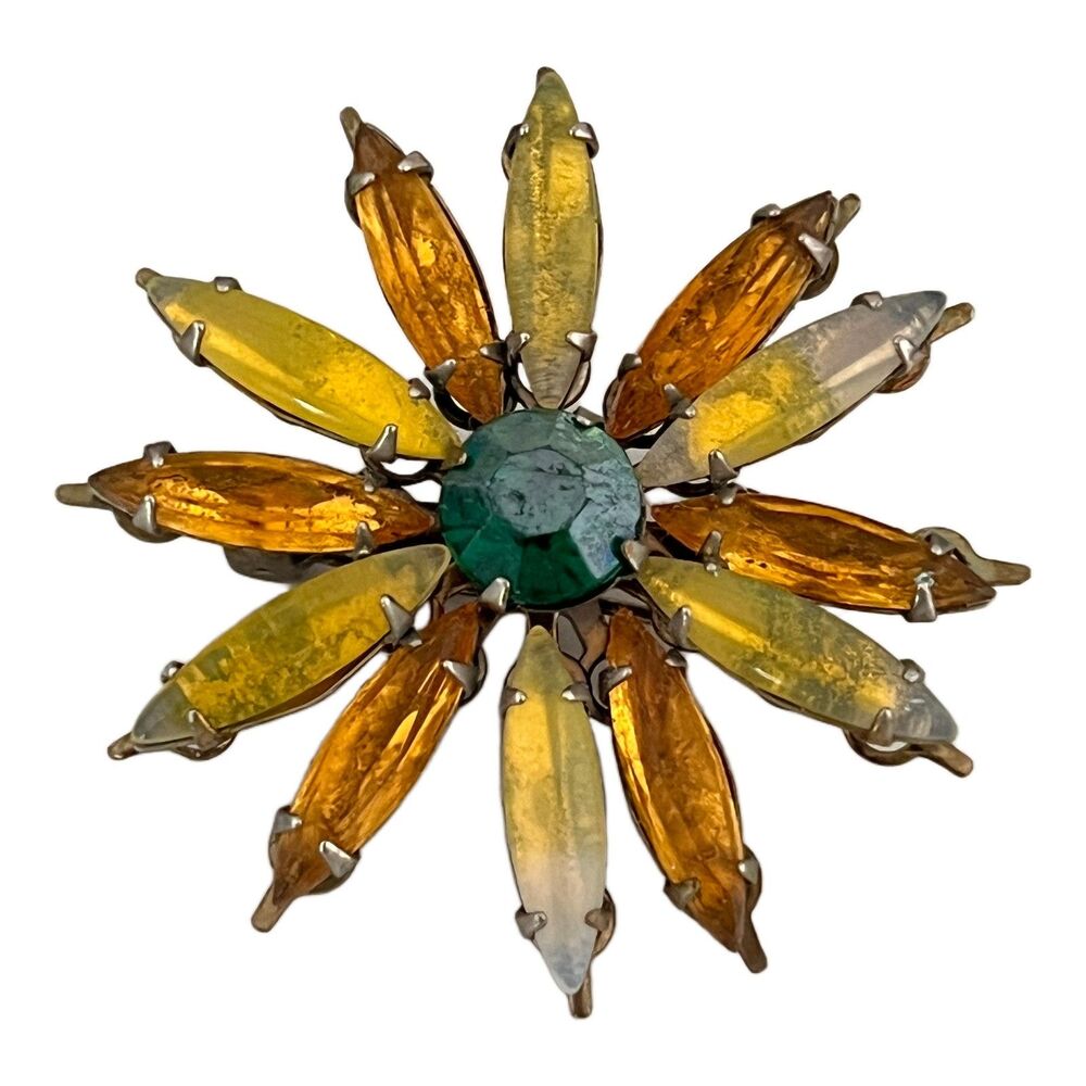 Vintage 1950s Flower Brooch Glass  Silver Tone Mid Century C-Clasp- 1K